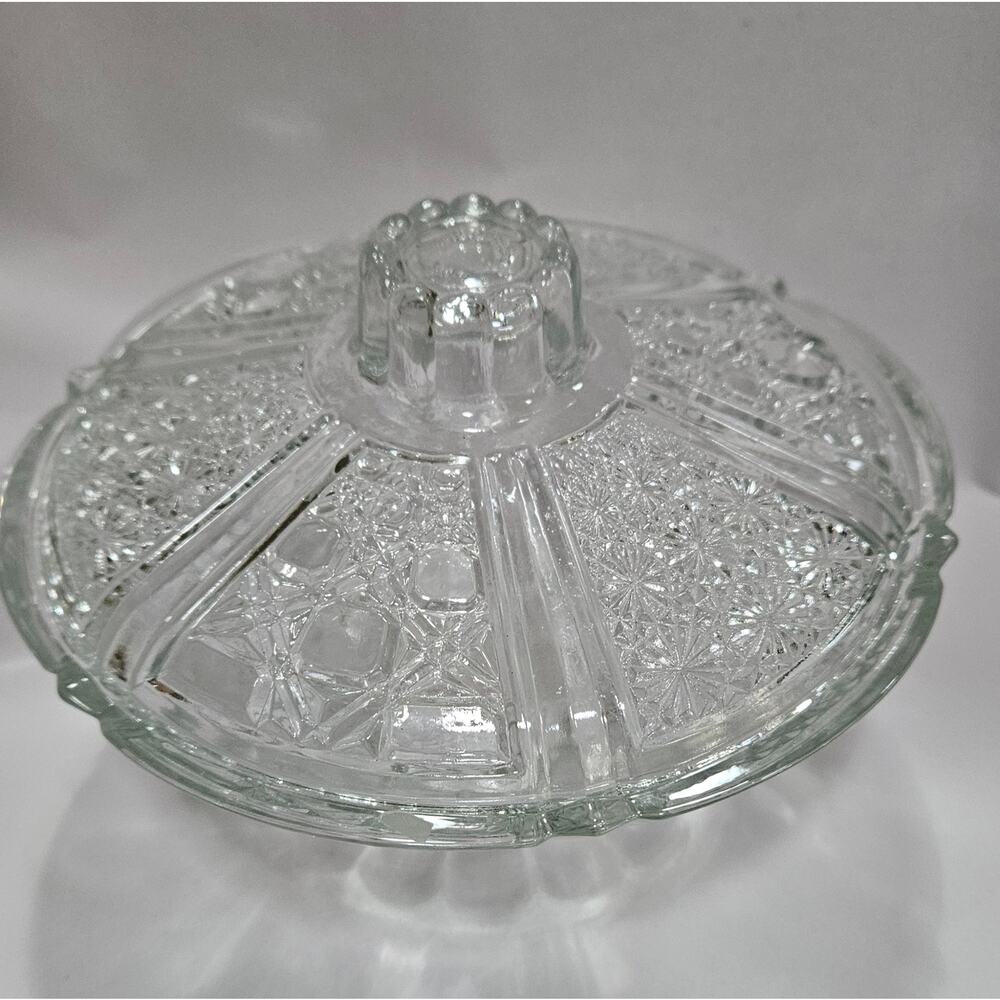 ​Vintage FNG Indonesia Daisy Cane Button Pressed Glass Candy Bowl Lidded 7”